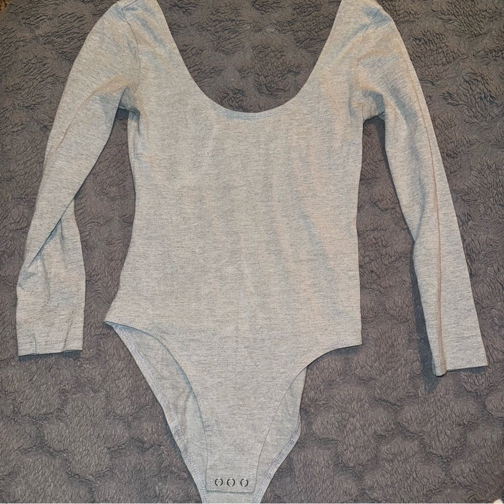 Topshop Gray Bodysuit Scoop Neck Long Sleeve